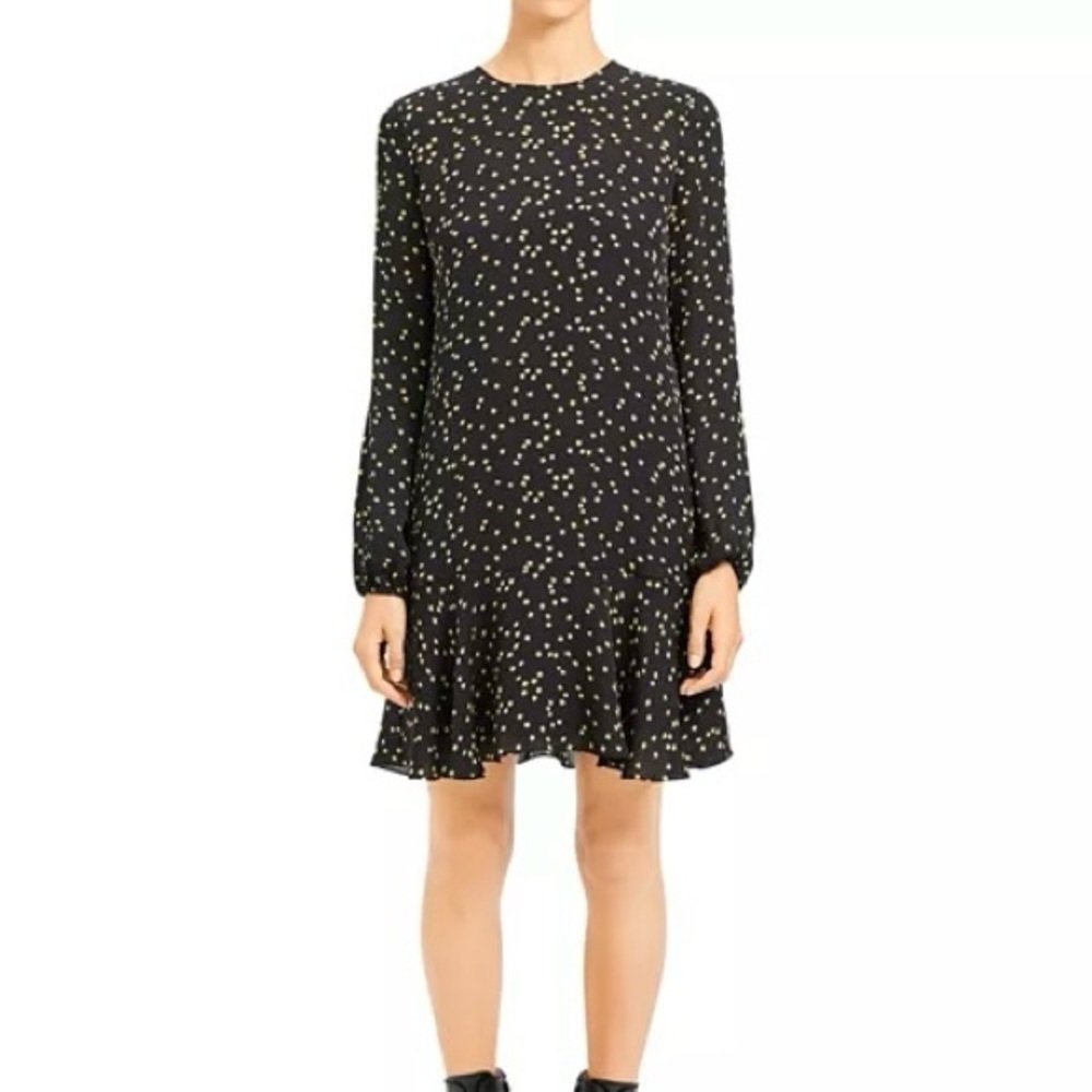 Theory Silk Star Print Shift Flounce Hem Long Sleeve Dress Size 10